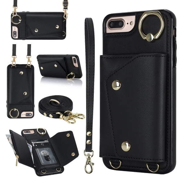 Allytechgroup Wallet Case for Apple iPhone 8 Plus/7 Plus, RFID Blocking Crossbody Shoulder Strap Hand Wrist Cards Holder Ring Stand Bumper Drop Protection Phone Case for Girls Women, Black