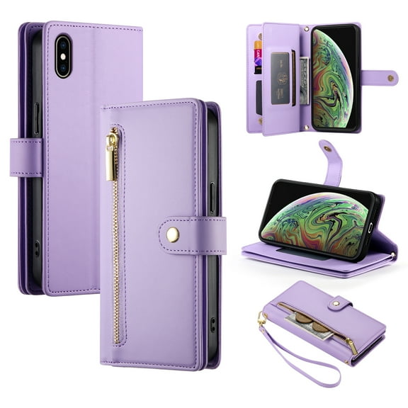 Allytechgroup Wallet Case for Apple iPhone X/ iPhone XS, 9 Cards Holder + Zipper Pocket + Hand Wrist Shockproof Stand Flip Cover RFID Blocking Phone Case for Women Men, Purple