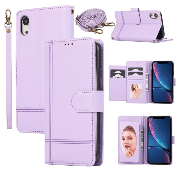 Allytechgroup Wallet Case for Apple iPhone XR with Crossbody Strap Hand Wrist, Makeup Mirror Cards Slots Cash Pocket RFID Blocking Flip Stand Slim Case Cover for iPhone XR, Purple