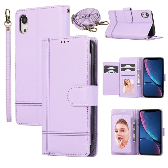 Allytechgroup Wallet Case for Apple iPhone XR with Crossbody Strap Hand Wrist, Makeup Mirror Cards Slots Cash Pocket RFID Blocking Flip Stand Slim Case Cover for iPhone XR, Purple