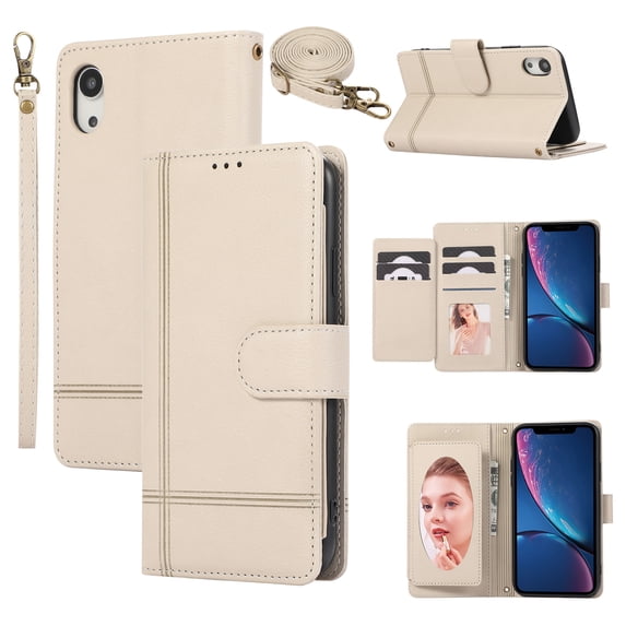 Allytechgroup Wallet Case for Apple iPhone XR with Crossbody Strap Hand Wrist, Makeup Mirror Cards Slots Cash Pocket RFID Blocking Flip Stand Slim Case Cover for iPhone XR, Beige
