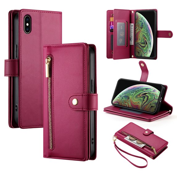 Allytechgroup Wallet Case for Apple iPhone XS Max, 9 Cards Holder + Zipper Pocket + Hand Wrist Shockproof Stand Flip Cover RFID Blocking Phone Case for Women Men, Red