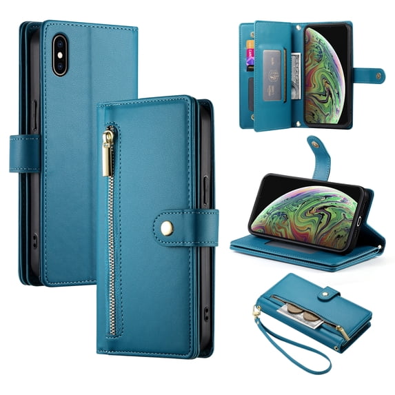 Allytechgroup Wallet Case for Apple iPhone XS Max, 9 Cards Holder + Zipper Pocket + Hand Wrist Shockproof Stand Flip Cover RFID Blocking Phone Case for Women Men, Blue