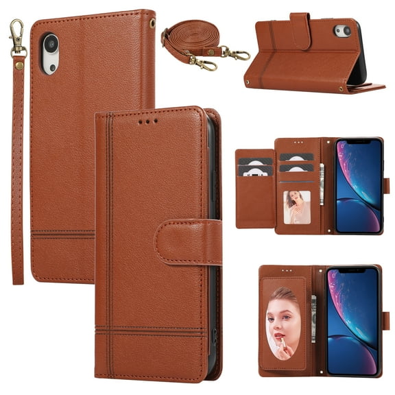 Allytechgroup Wallet Case for Apple iPhone XS Max with Crossbody Strap Hand Wrist, Makeup Mirror Cards Slots Cash Pocket RFID Blocking Flip Stand Slim Case Cover for iPhone XS Max, Brown