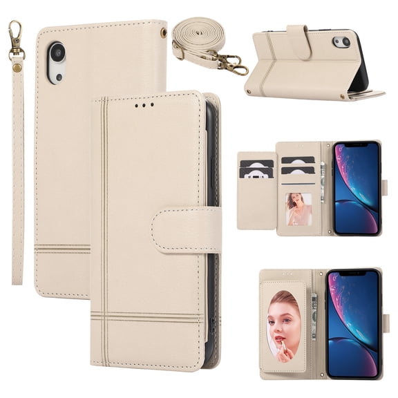 Allytechgroup Wallet Case for Apple iPhone XS Max with Crossbody Strap Hand Wrist, Makeup Mirror Cards Slots Cash Pocket RFID Blocking Flip Stand Slim Case Cover for iPhone XS Max, Beige