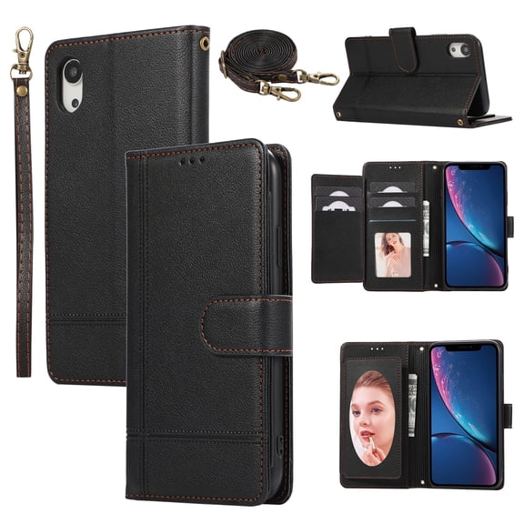 Allytechgroup Wallet Case for Apple iPhone XS Max with Crossbody Strap Hand Wrist, Makeup Mirror Cards Slots Cash Pocket RFID Blocking Flip Stand Slim Case Cover for iPhone XS Max, Black