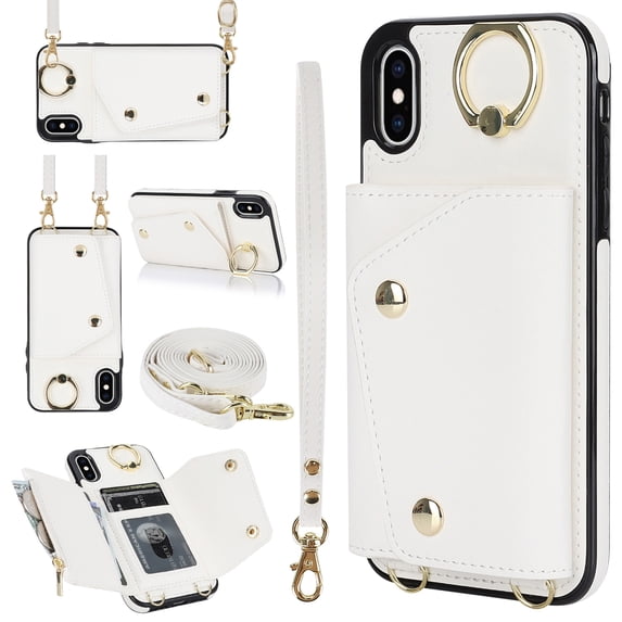 Allytechgroup Wallet Case for Apple iPhone XS Max, RFID Blocking Crossbody Shoulder Strap Hand Wrist Cards Holder Ring Stand Bumper Drop Protection Phone Case for Girls Women, White
