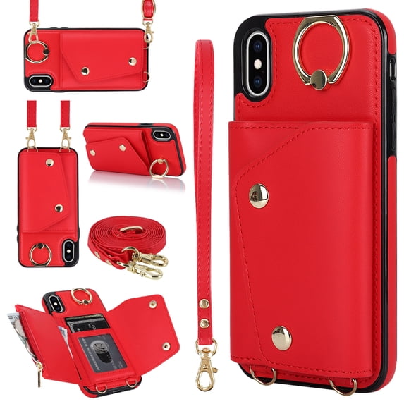 Allytechgroup Wallet Case for Apple iPhone XS Max, RFID Blocking Crossbody Shoulder Strap Hand Wrist Cards Holder Ring Stand Bumper Drop Protection Phone Case for Girls Women, Red