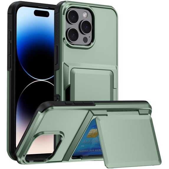 Allytechgroup Wallet Case Cover for Apple iPhone 13 Pro, with Cards Holder Shockproof Rugged Bumper Kickstand Durable Phone Case for Women Men, Lightgreen