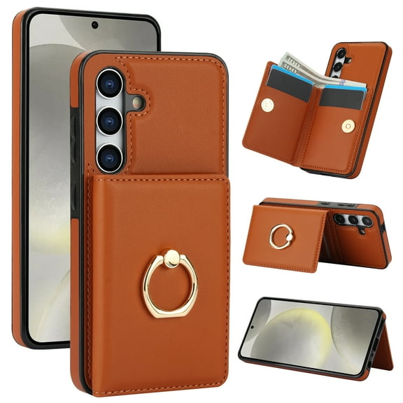 Allytechgroup Wallet Case Cover for Samsung Galaxy S24 FE, with Ring Holder Cards Slots Premium PU Leather TPU Back Cover Shockproof RFID Blocking Phone Case for Samsung Galaxy S24 FE, Brown