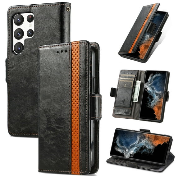 Allytechgroup Wallet Case Cover for Samsung Galaxy S24 Ultra, Vintage PU Leather RFID Blocking Cards Holder Stand Flip Folio Mangetic Closure Shockproof Phone Case Cover for Galaxy S24 Ultra, Black