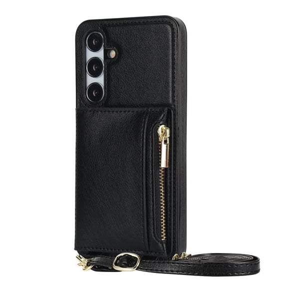 Allytechgroup Wallet Case Cover for Samsung Galaxy S25+, Luxury PU Leather with Detachable Crossbody Strap Stand Zipper Pocket Cards Holder Shockproof Phone Case for Galaxy S25 Plus, Black