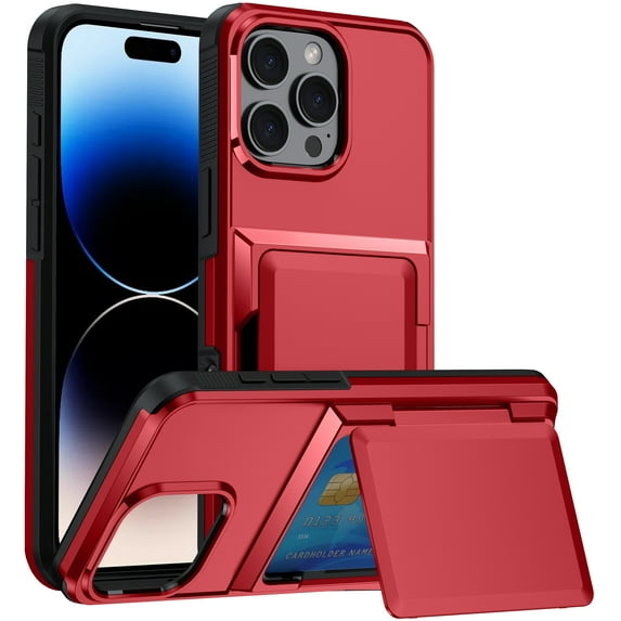 Allytechgroup Wallet Case Cover for Apple iPhone 15, with Cards Holder Shockproof Rugged Bumper Kickstand Durable Phone Case for Women Men, Red