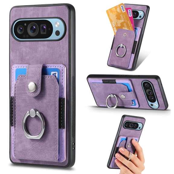 Allytechgroup Wallet Case for Google Pixel 6 with Card Holder, 360°Rotation Ring Stand, Support Car Mount, PU Leather Full Body Shockproof Slim Anti-Drop Women Men Protective Cover, Purple