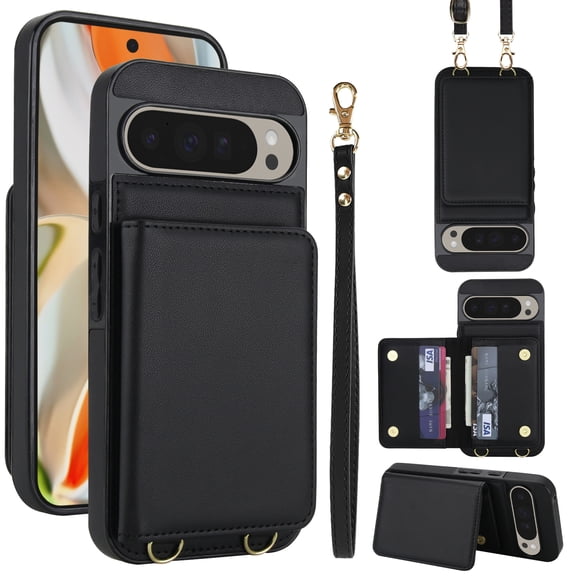 Allytechgroup Wallet Case for Google Pixel 6a, Built-in Card Holder & Shoulder Strap & Wrist Strap Slim Shockproof Protective Full Body Cover Bumper for Google Pixel 6a, Black