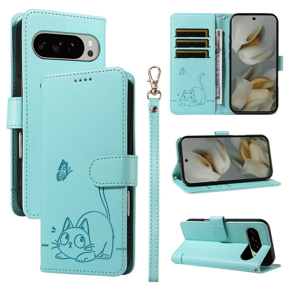 Allytechgroup Wallet Case for Google Pixel 7A, Built-in Wrist Strap & Card Pocket & Cash Slot PU Leather Stand Phone Shell Shockproof Protective Full Body Cover for Women Girls, Green