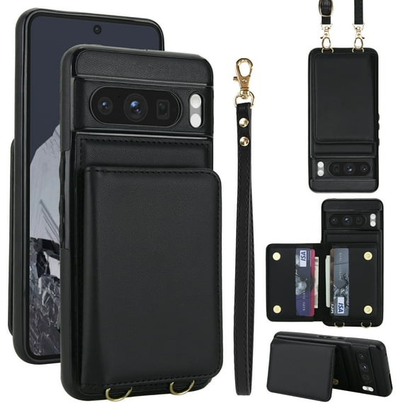 Allytechgroup Wallet Case for Google Pixel 8 Pro, Built-in Card Holder & Shoulder Strap & Wrist Strap Slim Shockproof Protective Full Body Cover Bumper for Google Pixel 8 Pro, Black