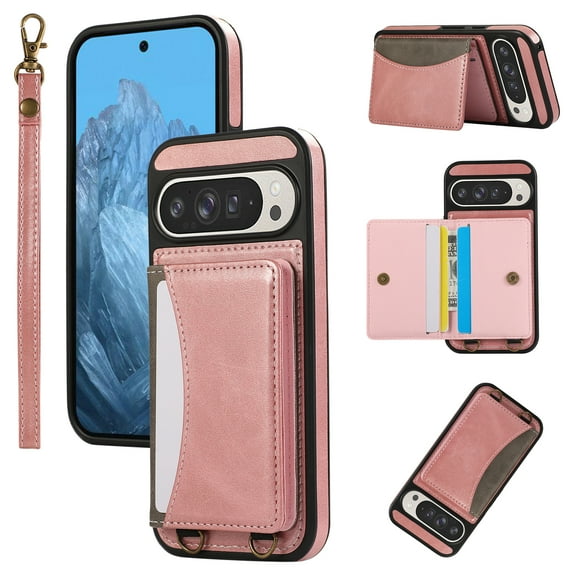 Allytechgroup Wallet Case for Google Pixel 9 / 9 Pro, Built-in Wrist Strap & Card Holder Lightweight PU Leather Stand Shell Non-Slip Shockproof Protective Back Cover for Google Pixel 9 / 9 Pro, Pink