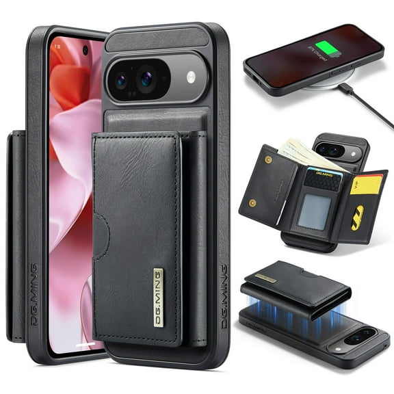 Allytechgroup Wallet Case for Google Pixel 9 / 9 Pro, PU Leather Wallet Case with Detachable Cards Holder Kickstand Support Wireless Charging Shockproof Protective Bumper for Women Men, Black