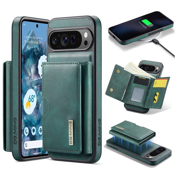 Allytechgroup Wallet Case for Google Pixel 9 Pro XL, PU Leather Wallet Case with Detachable Cards Holder Kickstand Support Wireless Charging Shockproof Protective Bumper for Women Men, Green