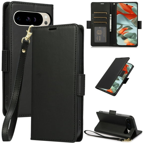 Allytechgroup Wallet Case for Google Pixel 9A, RFID Blocking PU Leather Flip Stand Phone Shell with Card Holder Wrist Strap Shokcproof Protective Bumper for Google Pixel 9A, Black
