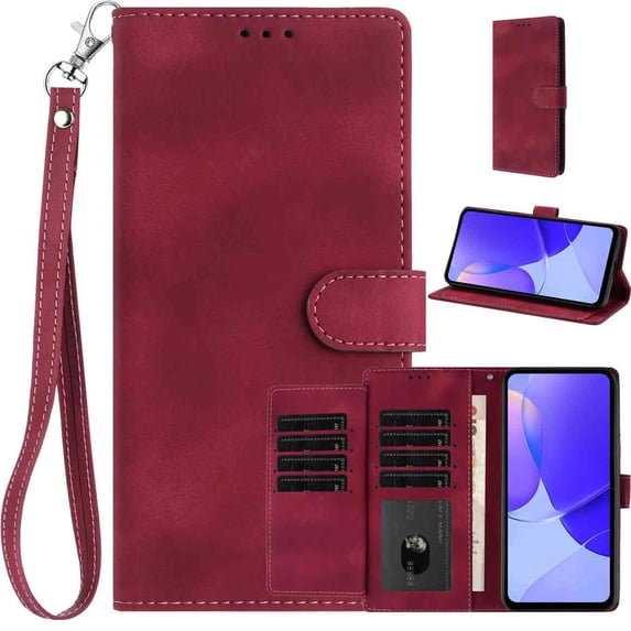 Allytechgroup Wallet Case for Moto G Power 5G (2024), Built-in Card Holder & Wrist Strap Slim PU Leather Non-Slip Anti-Fingerprint Shockproof Protective Bumper for Moto G Power 5G (2024), Winered