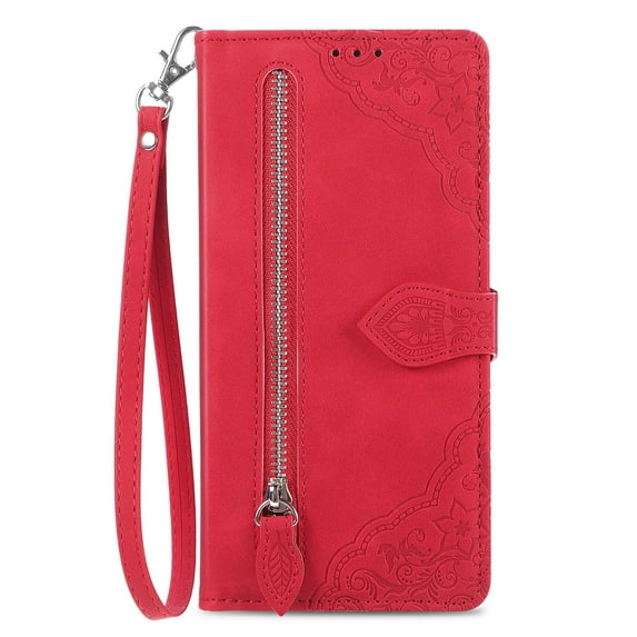 Allytechgroup Wallet Case for Moto G Power 5G 2024, Embossed Luxury PU Leather Case with Kickstand & Card Slots, Slim Zipper Pocket Detachable Wrist Strap Magnetic Clasp Anti-Drop Case, Red
