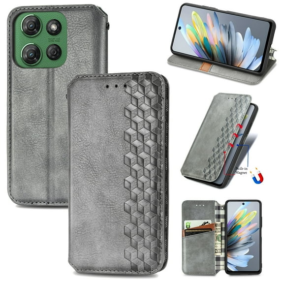 Allytechgroup Wallet Case for Motorola Edge (2024), Premium PU Leather Luxury Case with Kickstand & Card Slots, Magnetic Closure Inner Soft TPU Shockproof Protective Case for Women Men, Gray