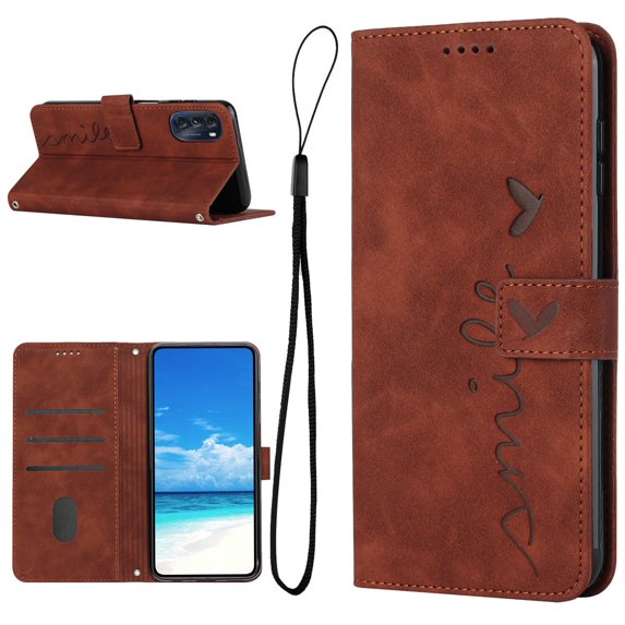 Allytechgroup Wallet Case for Motorola Moto Edge 2024,Shock Absorption Heart Pattern PU Leather Magnetic Closure Folio Flip Holder Card Slots Phone Cover with Wrist Strap,Brown