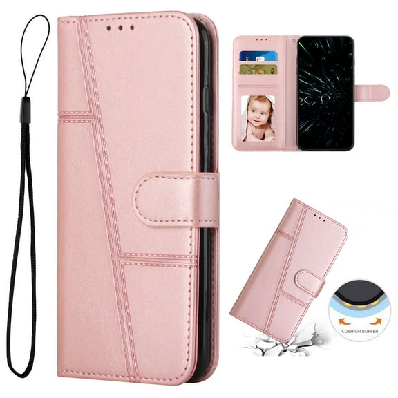 Allytechgroup Wallet Case for Motorola Moto G (2025), Magnetic Clasp Kickstand Cover with Card Slots & Cash Holder, Luxury PU Leather + Soft TPU Shockproof Anti-Scratch Wrist Strap Case, Rosegold