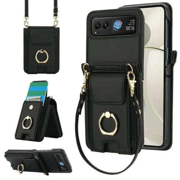 Allytechgroup Wallet Case for Motorola Razr 60, Rugged Faux Leather Cover with Lanyard & Shoulder Strap Kickstand Credit Card Holder Cash Pocket Shockproof Full Body for Motorola Razr 2025, Black