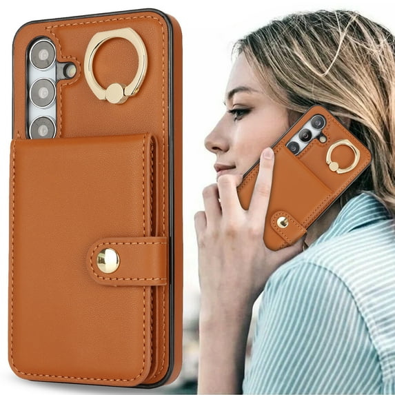 Allytechgroup Wallet Case for Samsung Galaxy A14 5G with Card Slots, RFID Blocking Ring Holder Kickstand Bumper Anti-Scratch Slim Phone Case Cover for Galaxy A14 5G, Brown