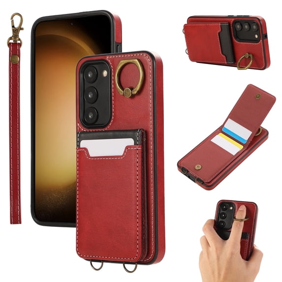 Allytechgroup Wallet Case for Samsung Galaxy A14 5G with Credit Card Slot, RFID Blocking PU Leather Flip Case with Lanyard & Kickstand Shockproof and Anti-Scratch Bumper for Women Girls, Red