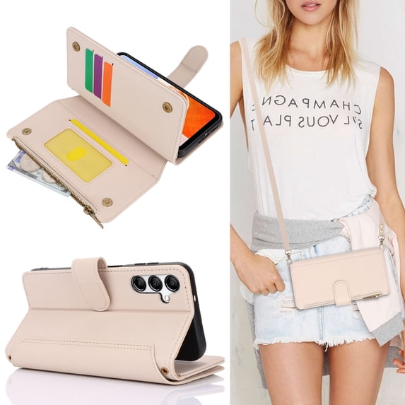 Allytechgroup Wallet Case for Samsung Galaxy A15 5G, RFID Blocking Shoulder Strap Hand Wrist Zipper Pocket Cards Slots Stand Protective Anti-Scratch Galaxy A15 5G Case for Women Girls,White