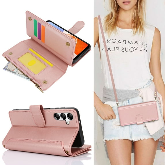 Allytechgroup Wallet Case for Samsung Galaxy A15 5G, RFID Blocking Shoulder Strap Hand Wrist Zipper Pocket Cards Slots Stand Protective Anti-Scratch Galaxy A15 5G Case for Women Girls,Rosegold