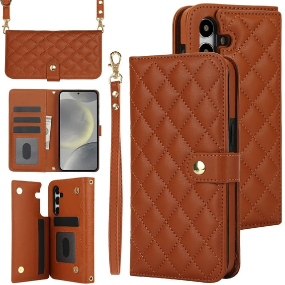Allytechgroup Wallet Case for Samsung Galaxy A15 with Credit Card Slot, RFID Blocking PU Leather Case with Lanyard & Shoulder Strap & Kickstand Shockproof Bumper for Women Men, Brown