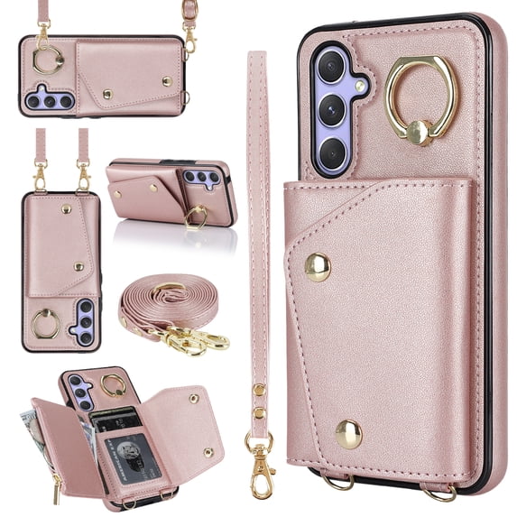 Allytechgroup Wallet Case for Samsung Galaxy A15, RFID Blocking Crossbody Shoulder Strap Hand Wrist Cards Holder Ring Stand Bumper Drop Protection Phone Case for Girls Women, Rosegold