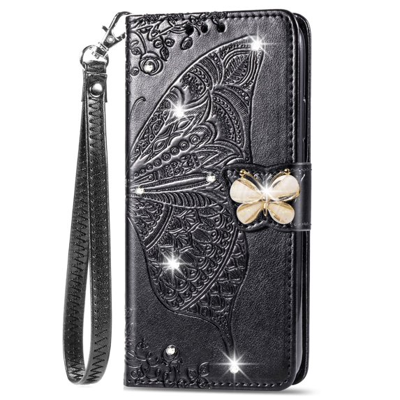 Allytechgroup Wallet Case for Samsung Galaxy A16 5G, Bling Sparkly Diamond PU Leather Phone Case with Credit Card Slot Wirst Strap Support Wireless Charging Shockproof Bumper, Black