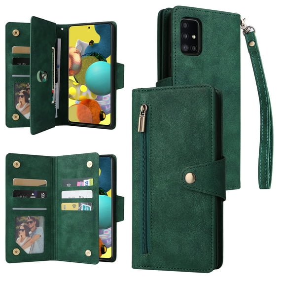 Allytechgroup Wallet Case for Samsung Galaxy A16 5G, Cash Credit Card Slots Holder Folio Flip Cover Magnetic Hard Case with Lanyard Zipper Wallet Case for Samsung Galaxy A16 5G, Green