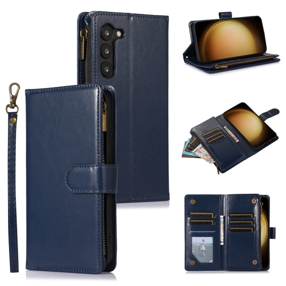 Allytechgroup Wallet Case for Samsung Galaxy A16 5G, Zipper Clutch Phone Case with Card Slots, Cash Pocket, Wrist Strap, Kickstand Stand Function, Magnetic Closure Flip Cover,Blue