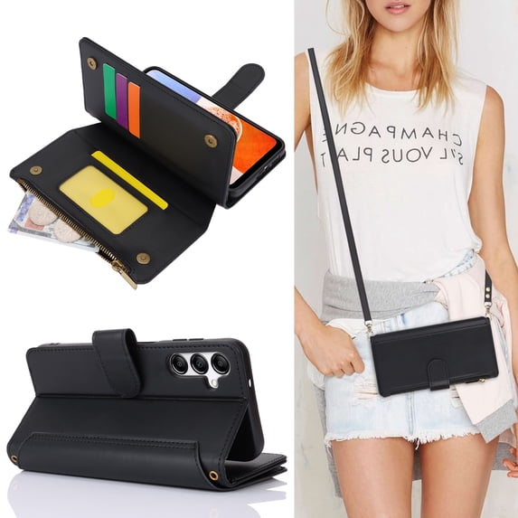 Allytechgroup Wallet Case for Samsung Galaxy A25 5G, RFID Blocking Shoulder Strap Hand Wrist Zipper Pocket Cards Slots Stand Protective Anti-Scratch Galaxy A25 5G Case for Women Girls,Black