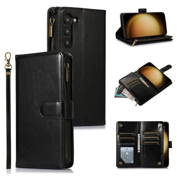 Allytechgroup Wallet Case for Samsung Galaxy A25 5G, Zipper Clutch Phone Case with Card Slots, Cash Pocket, Wrist Strap, Kickstand Stand Function, Magnetic Closure Flip Cover,Black