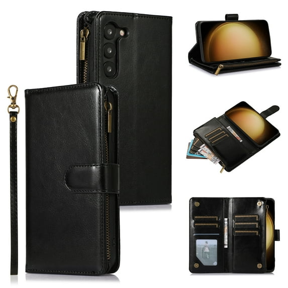 Allytechgroup Wallet Case for Samsung Galaxy A26 5G, Zipper Clutch Phone Case with Card Slots, Cash Pocket, Wrist Strap, Kickstand Stand Function, Magnetic Closure Flip Cover,Black