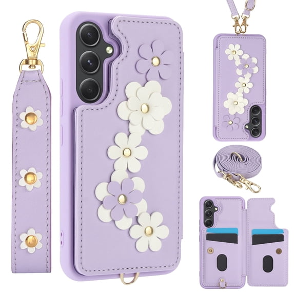 Allytechgroup Wallet Case for Samsung Galaxy A35, Floral Series with Crossbody Shoulder Strap + Hand Wrist Cards Holder Shockproof Drop Proof Protective Case Cover for Galaxy A35, Purple