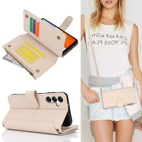 Allytechgroup Wallet Case for Samsung Galaxy A35, RFID Blocking Shoulder Strap Hand Wrist Zipper Pocket Cards Slots Stand Protective Anti-Scratch Galaxy A35 Case for Women Girls,White