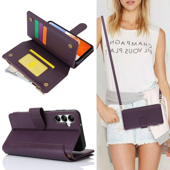 Allytechgroup Wallet Case for Samsung Galaxy A35, RFID Blocking Shoulder Strap Hand Wrist Zipper Pocket Cards Slots Stand Protective Anti-Scratch Galaxy A35 Case for Women Girls,Purple
