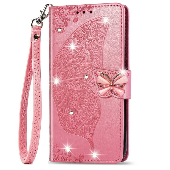 Allytechgroup Wallet Case for Samsung Galaxy A36 5G, Bling Sparkly Diamond PU Leather Phone Case with Credit Card Slot Wirst Strap Support Wireless Charging Shockproof Bumper, Pink