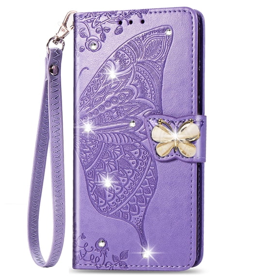 Allytechgroup Wallet Case for Samsung Galaxy A36 5G, Bling Sparkly Diamond PU Leather Phone Case with Credit Card Slot Wirst Strap Support Wireless Charging Shockproof Bumper, Lightpurple