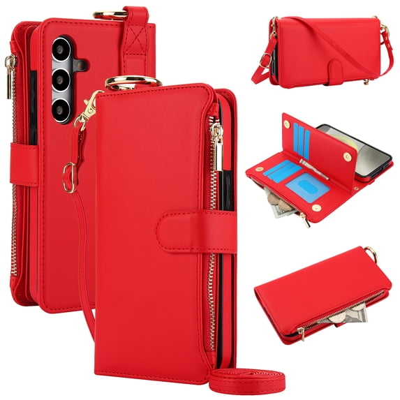 Allytechgroup Wallet Case for Samsung Galaxy A52, RFID Blocking Multiple Cards Holder Zipper Pocket Hand Strap Shockproof Stand Phone Case with Crossbody Lanyard for Women Girls, Red