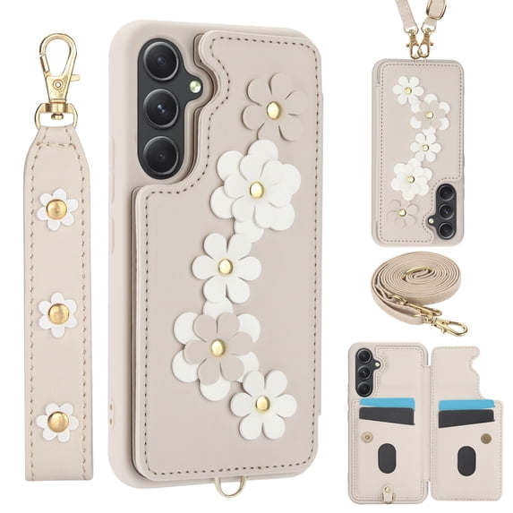 Allytechgroup Wallet Case for Samsung Galaxy A54 5G, Floral Series with Crossbody Shoulder Strap + Hand Wrist Cards Holder Shockproof Drop Proof Protective Case Cover for Galaxy A54 5G, White